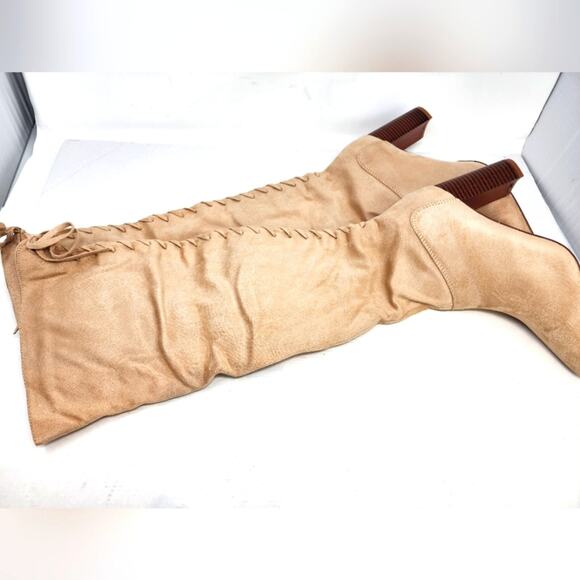 New Beige Pointed Toe Faux Suede Over the Knee High Boots Chunky Size 8.5 - Picture 11 of 13